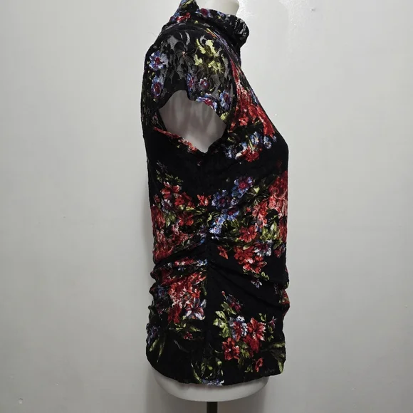 New Directions Black Multicolor Floral Lace Mockneck Top MP Whimsigoth - Picture 4 of 7